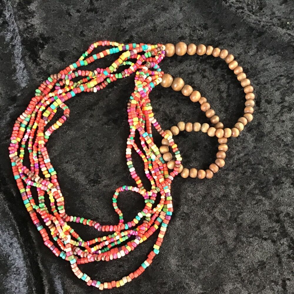 Multicored Beaded Layered Necklace Wooden 32 inches Unbranded Vintage Coastal